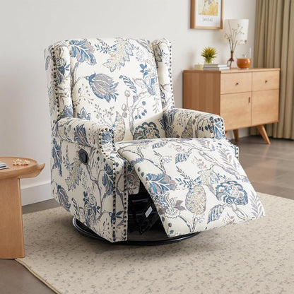 Swivel Rocker Recliner Chair, Manual Nursery Glider Recliner, Floral Fabric Wingback Accent Chair with Adjustable Backrest & Footrest for Small Spaces Living Room Bedroom (Plants Floral, Set of 1)