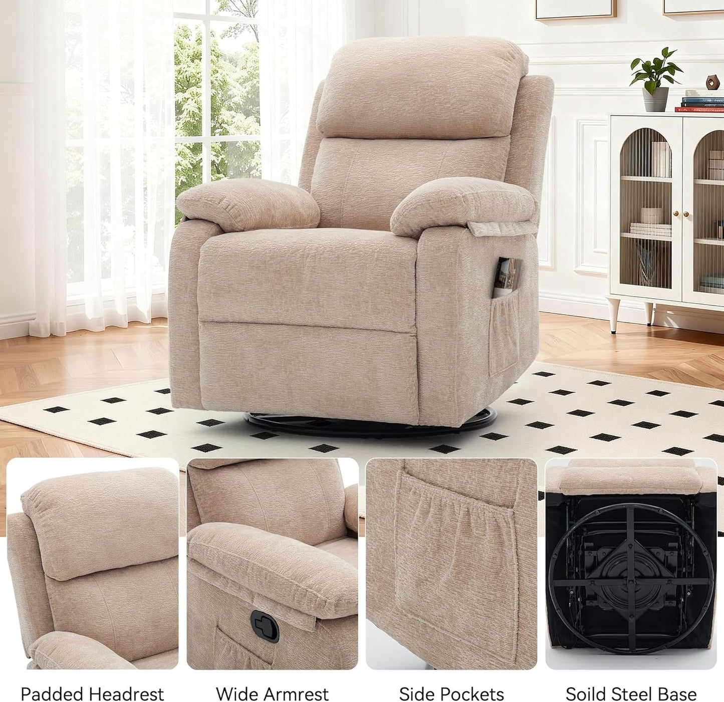 Korser Recliner Chair, 360 Swivel Rocker Chair for Adults, Small Rocking Recliner for Small Spaces, Upholstered Fabric Glider Recliner Nursery
