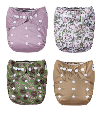 Nora's Nursery Cloth Pocket Diapers 4 Pack with 4 Inserts - Waterproof Cover, Washable, Reusable & One Size Adjustable Pocket Diapers for Newborns and Toddlers - Mama Bear