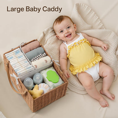 Angelhood Large Paper Rope Diaper Caddy, Baby Essentials Organizer, Portable Baby Shower Baskets Gift Bin, Car Storage Bag for Nursery