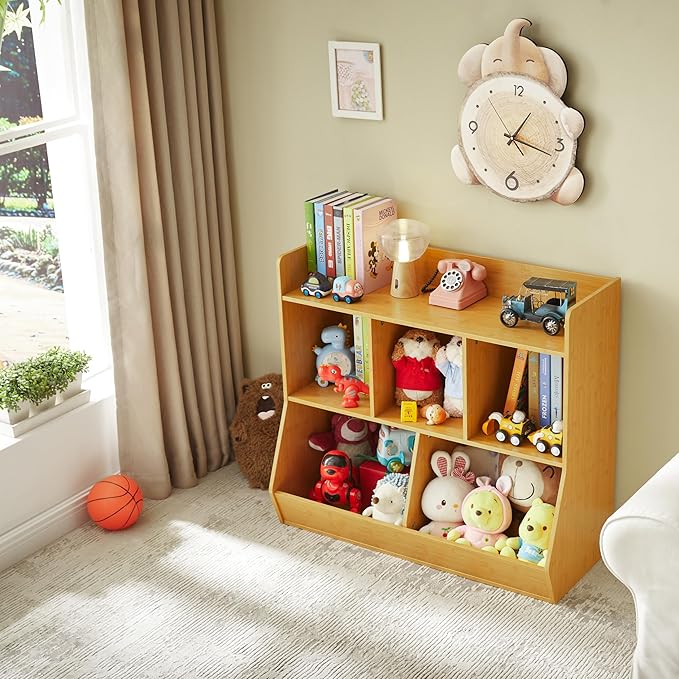 Kovhzcu Toy Storage Organizer with Bookshelf, 5-Cubby Children's Toy Shelf, Toy Storage Cabinet for Children's Room, Playroom, Hallway, Kindergarten, School (Natural)