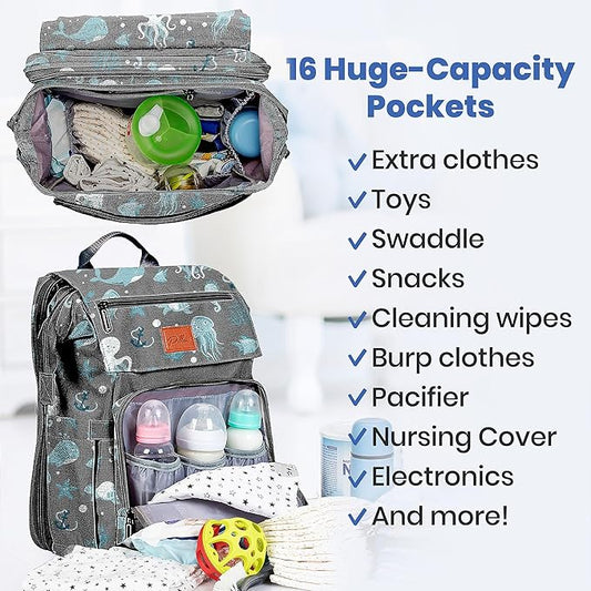 PILLANI Baby Diaper Bag Backpack - Backpack Diaper Bag w/Large Capacity - Baby Shower Gifts - Waterproof Travel Diaper Bags w/Changing Pad, Insulated Bottle Holders, Padded Straps - Baby Boy Stuff