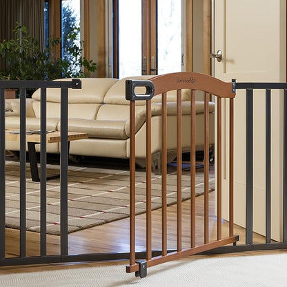 Summer Infant Anywhere Decorative Walk-Thru Pet and Baby Gate, 28” - 42.5” Wide, 30" Tall, Pressure Mounted, Insall In-between Rooms and Doorways, Walnut Wood with Metal Charcoal Accents