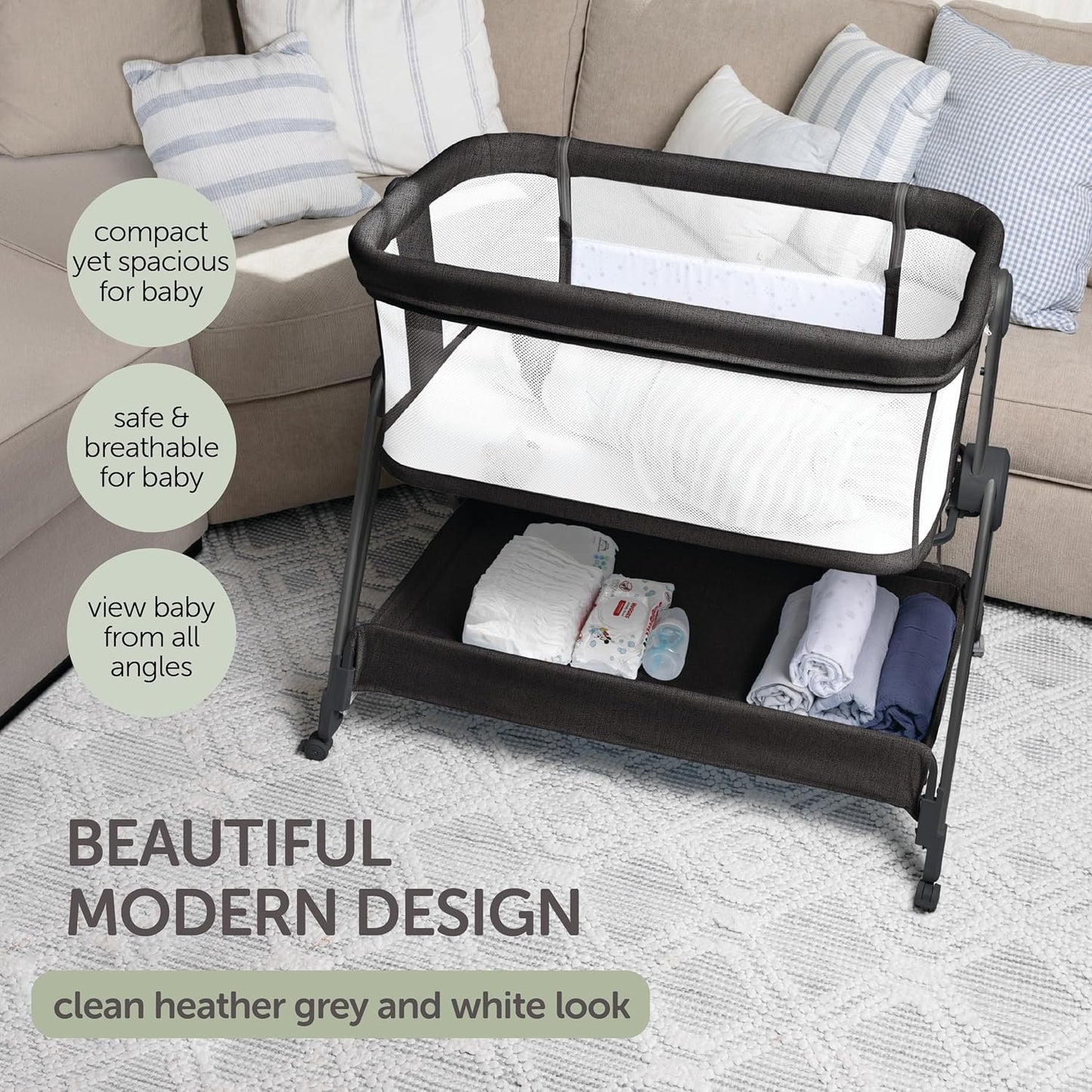 KOOLABABY Baby Bedside Sleeper - Bassinet & Bedside Crib with Height Adjustment & Wheels - Can Be Placed Next to Bed - Attaches to Parents Bed - Easy to Fold & Carry Bassinet for Girls (Pink)
