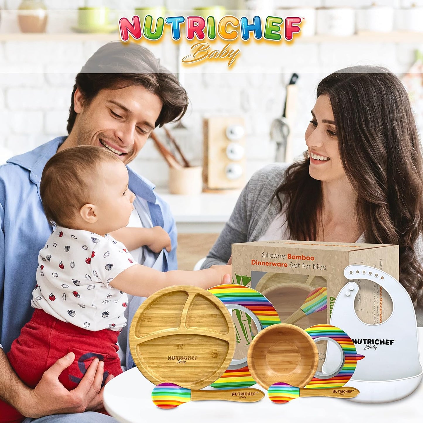 NutriChef Baby and Toddler, 3 compartment plate, bowl, and spoon feeding set- silicone suction, Non-toxic all natural Bamboo baby food plate with silicone bib (Rainbow), Small