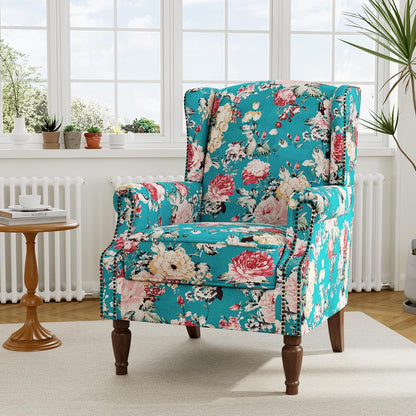 Swivel Rocker Recliner Chair, Manual Nursery Glider Recliner, Floral Fabric Wingback Accent Chair with Adjustable Backrest & Footrest for Small Spaces Living Room Bedroom (Plants Floral, Set of 1)