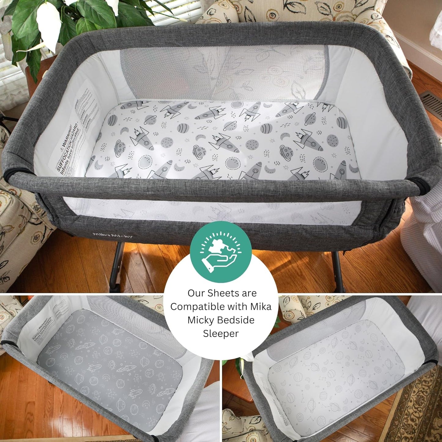 Bassinet Sheets for Papablic, CoZee, Cowiewie, Ezebaby, Nawahev Baby Bassinet Bedside Sleeper by TansyPanda, 3PC, 33x20, Ultra Soft, Breathable Snug Fit, Unisex Boys Girls, Gray White (Space Rockets)
