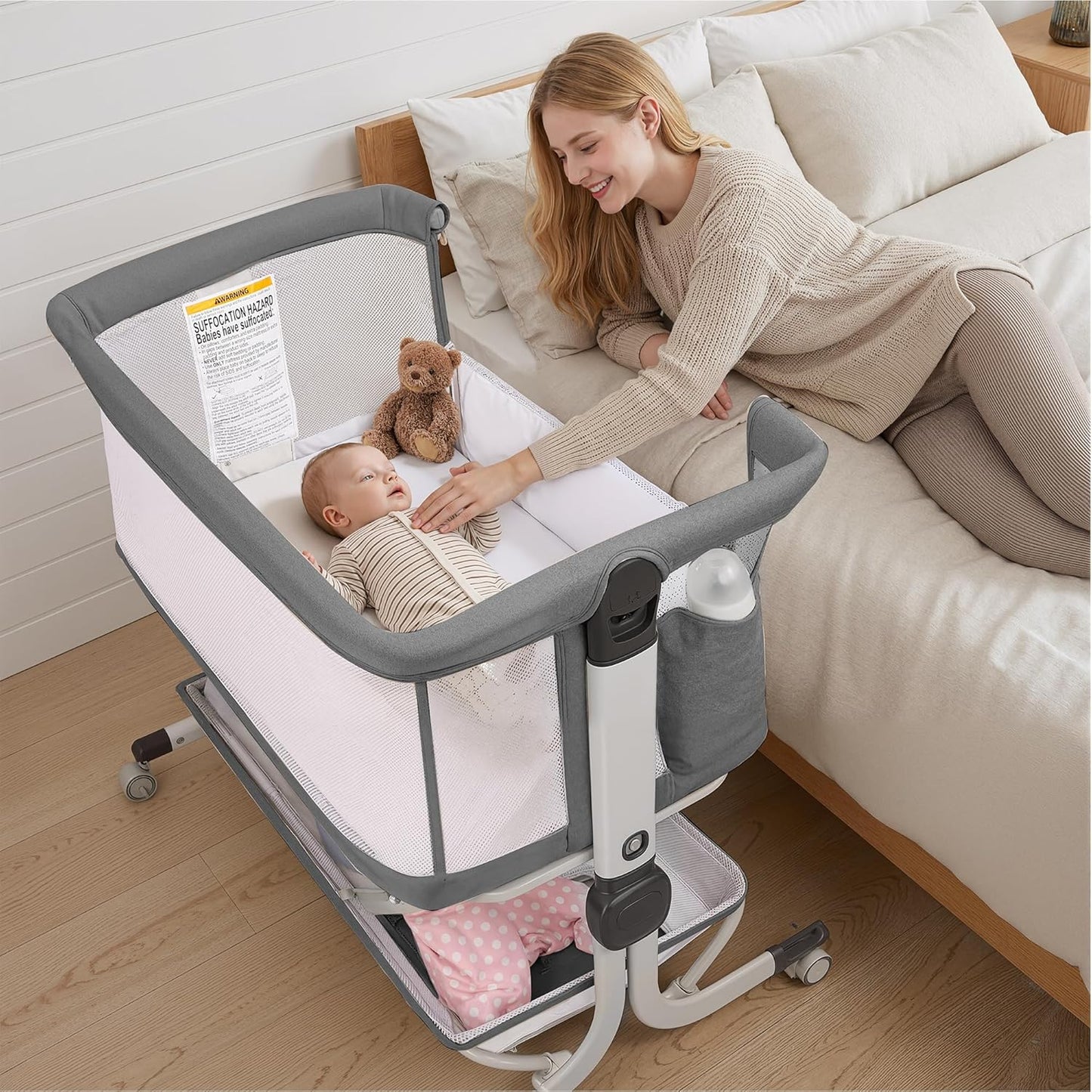 Baby Bassinet, Bedside Sleeper for Newborns Convertible Co-Sleeper Crib with Breathable Mesh, 6-Level Height Adjustment, Built-In Storage, Foldable Portable Bassinet for Home or Travel, Pink & Purple