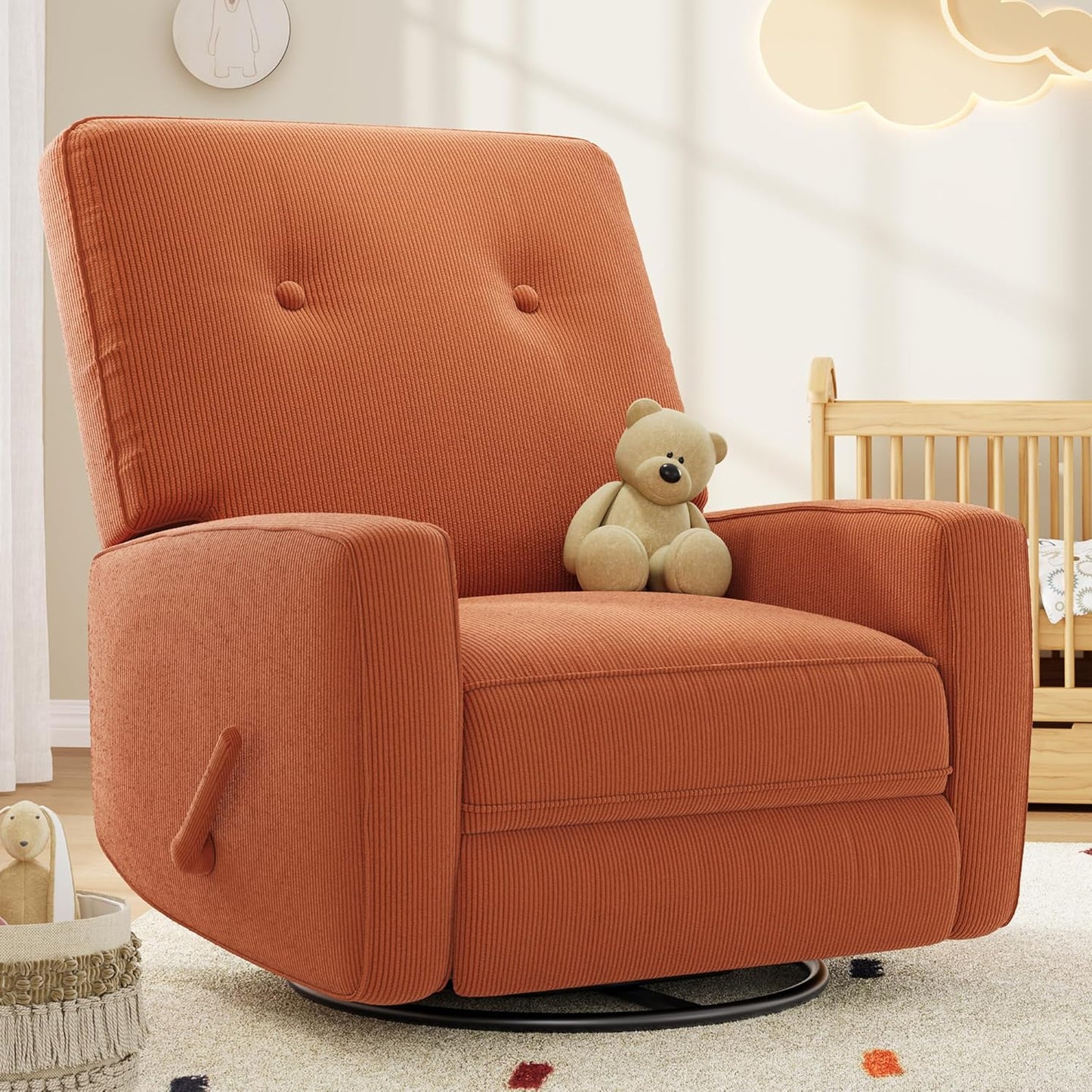Garvee Nursery Recliner Chair, 360° Swivel Rocking Glider Chair for Adults with Adjustable Backrest & Footrest, Cozy Corduroy Upholstered Armchair for Living Rooms, Bedrooms, Apartments, Green