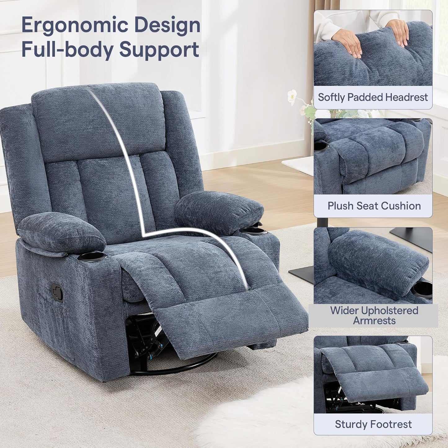Swivel Rocker Recliner Chair, Lazy Boy Recliner with Cup Holders, 360 Degree Rotating Nursery Rocking Chair, Manual Glider Recliner for Living Room (1, Yellow)