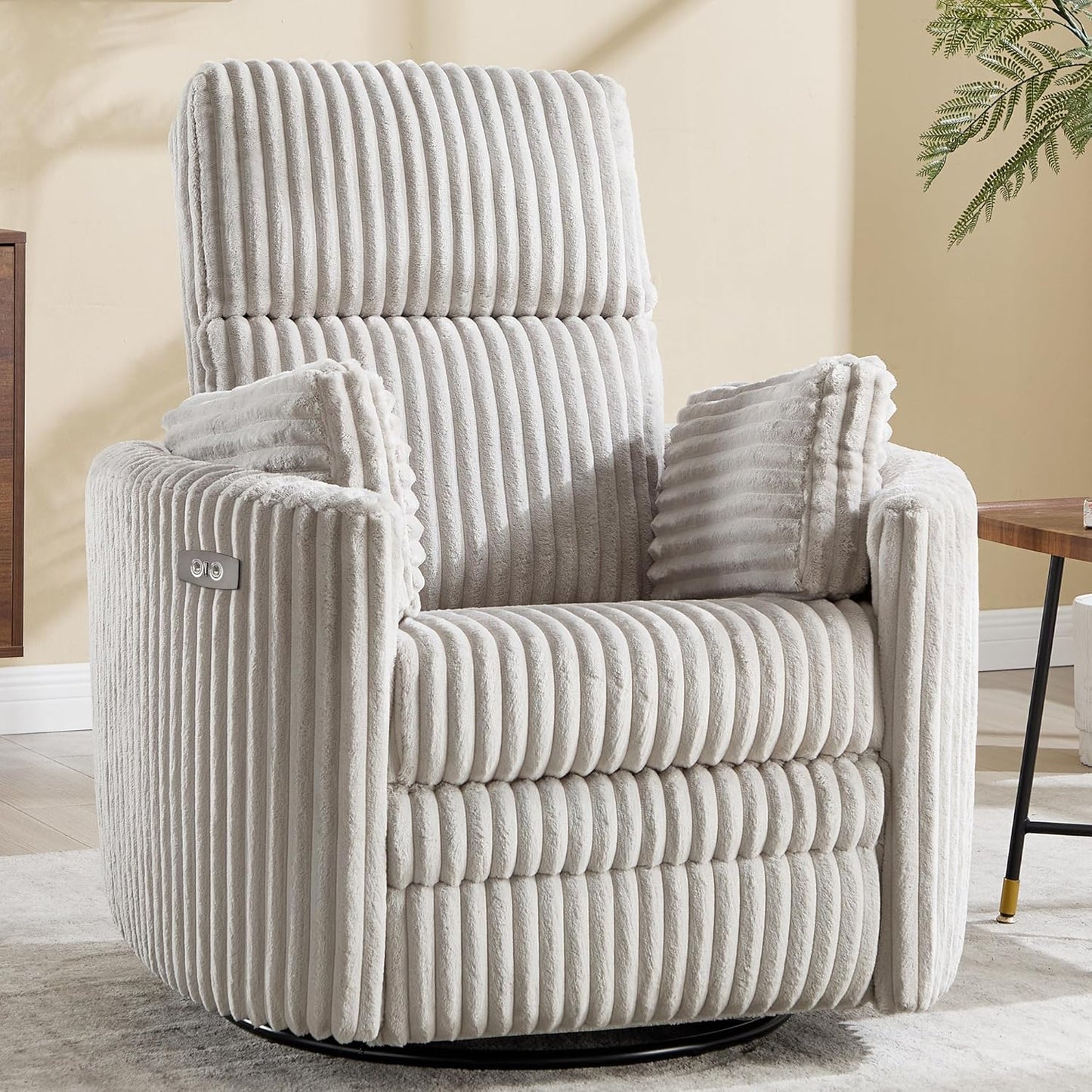 Power Recliner,Nursery Swivel Glider Rocking Chair with USB Port,Upholstered Adult Electric Recliner Rocking Chair with 2 Pillows for Living Room Bedroom (Beige Corduroy, Power-Driven)