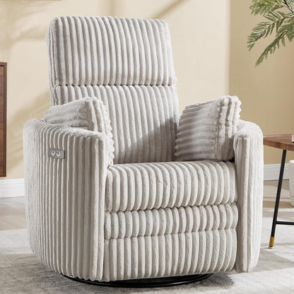 Power Recliner,Nursery Swivel Glider Rocking Chair with USB Port,Upholstered Adult Electric Recliner Rocking Chair with 2 Pillows for Living Room Bedroom (Beige Corduroy, Power-Driven)