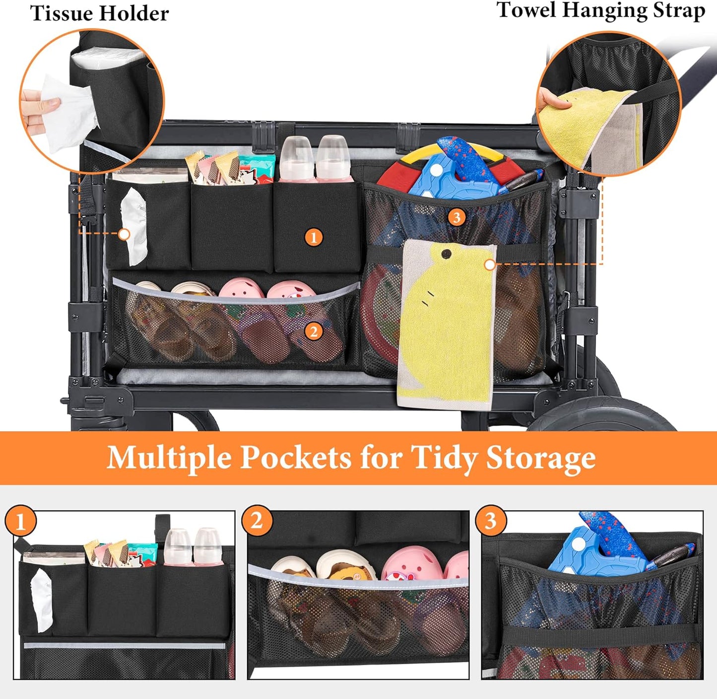 Stroller Wagon Cargo Net, Wagon Accessories Organizer Compatible with WONDERFOLD W-Series Models, Large Capacity Mesh Cargo Storage Bag with Sorting Pockets Compatible with Keenz Wagon, Black