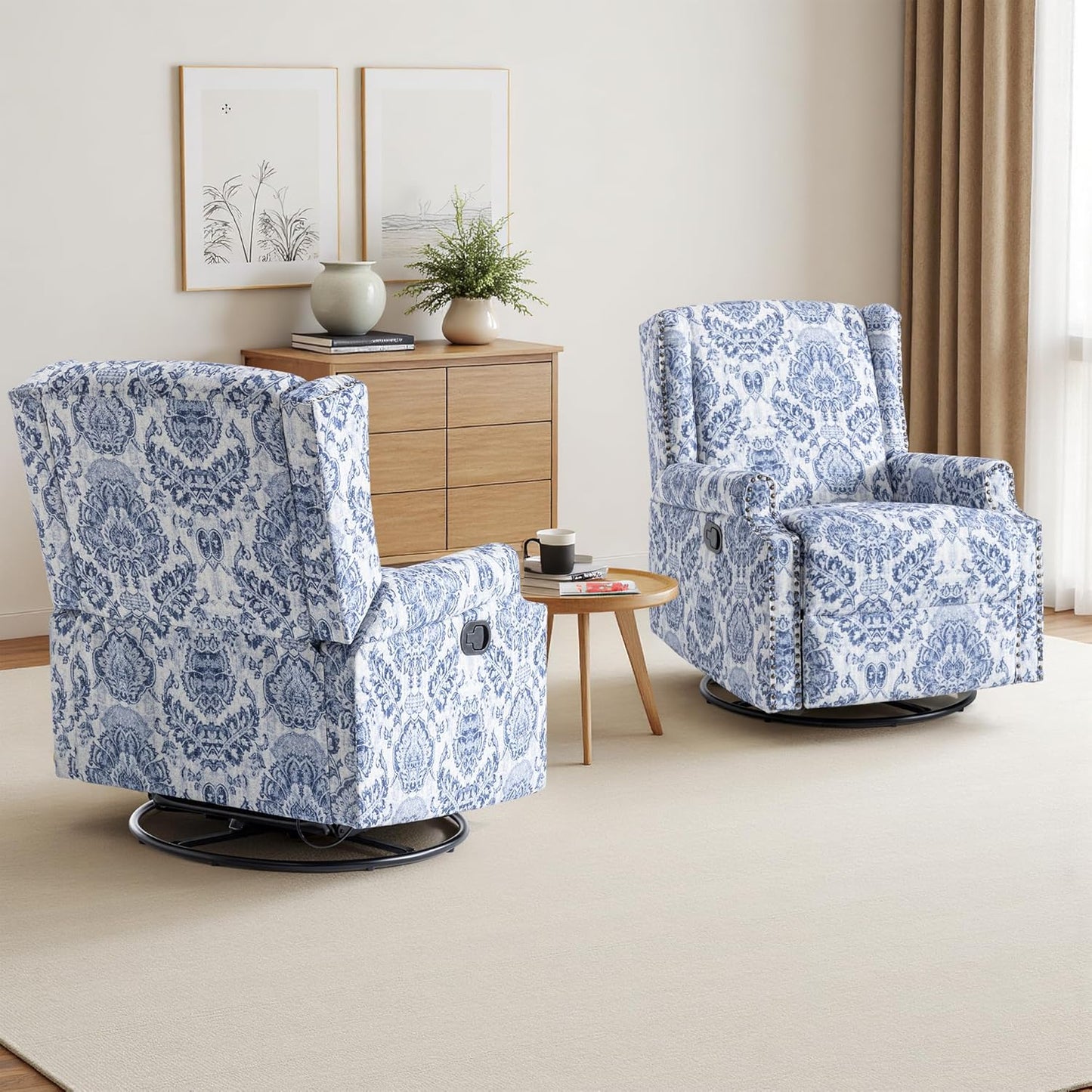 Swivel Rocker Recliner Chair, Manual Nursery Glider Recliner, Floral Fabric Wingback Accent Chair with Adjustable Backrest & Footrest for Small Spaces Living Room Bedroom (Plants Floral, Set of 1)