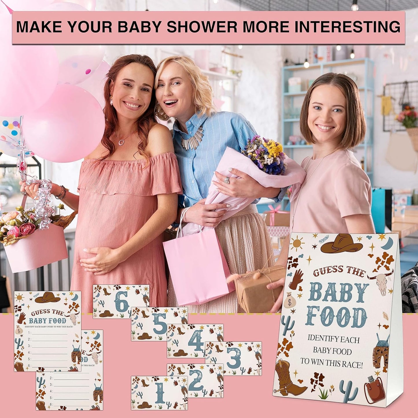 Guess the Baby Food Party Games, Baby Shower Game Set, 1 Standing Sign + 25 Answer Cards + 6 Number Cards, Boho Wild West Gender Reveal Party Decoration Supplies -B05