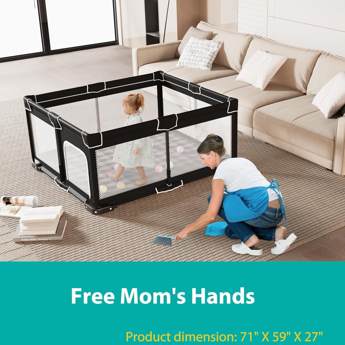 ICAREWAY Foldable Playpen for Babies and Toddlers, 50x50 Inches Portable Playpen, Kids Collapsible Play Pen with 2 Handlers, Indoor & Outdoor Baby Fence Play Area with Visible Mesh, Dark Gray