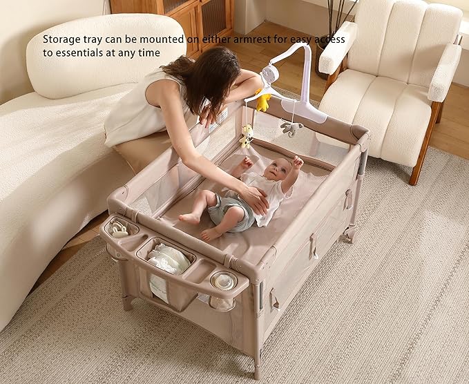 Pack and Play, 4 in 1 Baby Playard – Portable Crib, Bassinet, Bedside Sleeper, Changing Table & Playpen | Breathable Mesh | Safe & Foldable for Newborns to Toddlers (Beige)