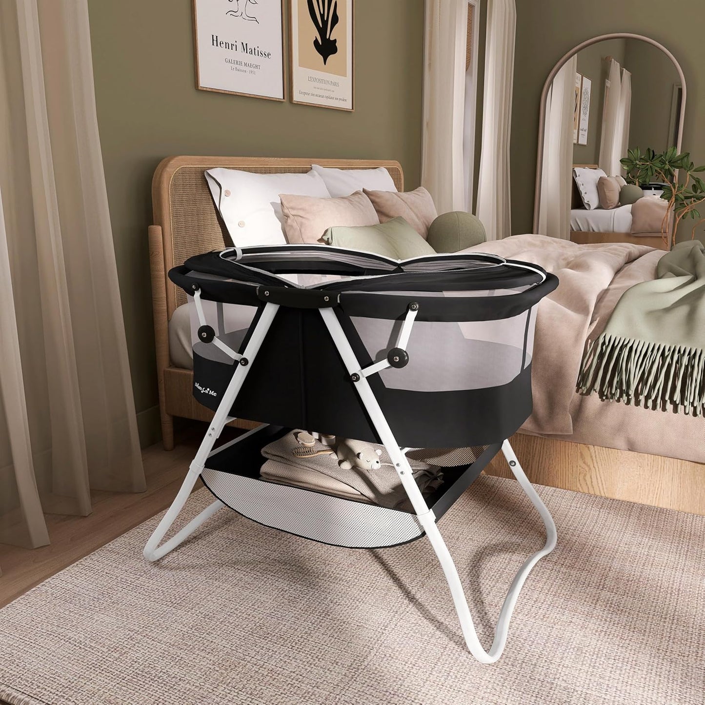 Dream On Me Karley Bassinet, Award Winner Lightweight Travel Baby Bassinet, Foldable Bedside Sleeper, Adjustable Double Canopy, Spacious Design, Soft Fabric, Storage Basket – Blue and Grey