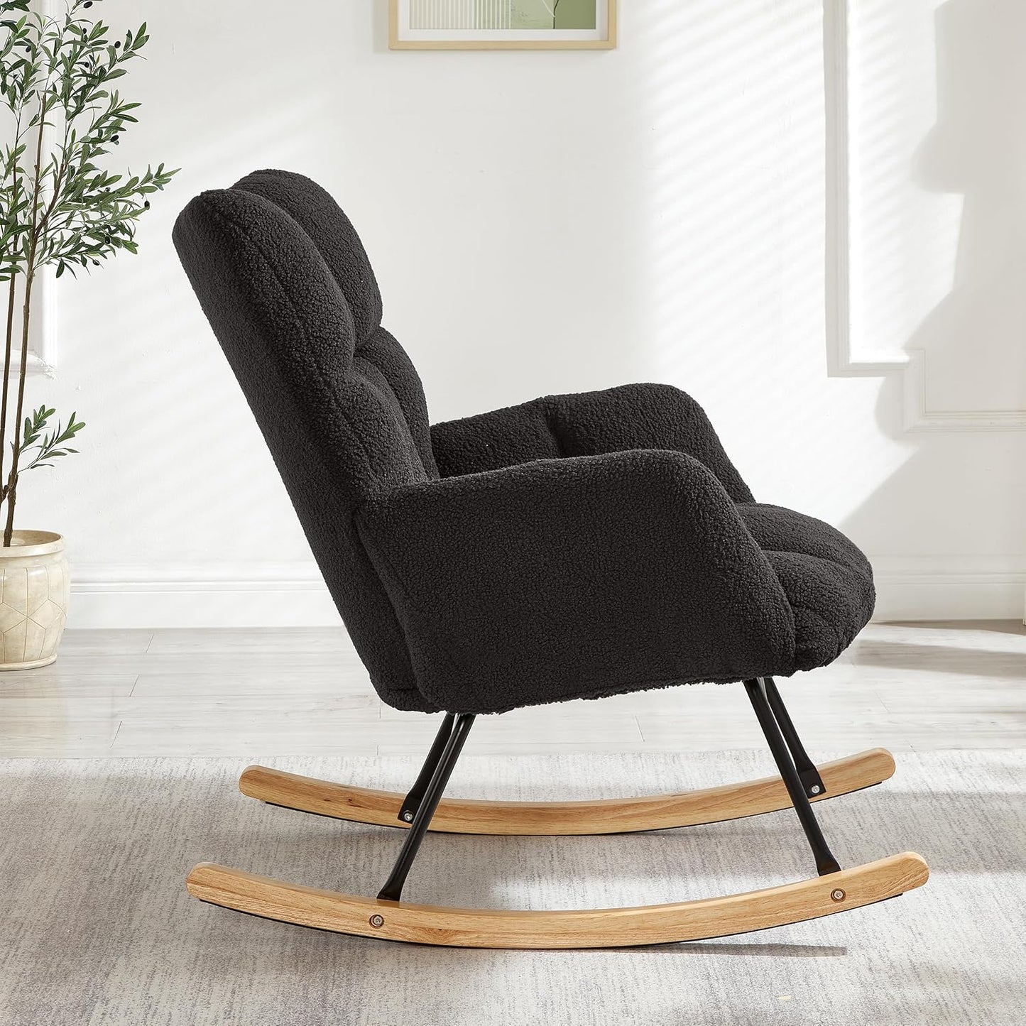 Glider Chair for Living Room & Nursery, Tufted Upholstered Teddy Rocking Chair with High Backrest & Stable Metal Frame, 300lbs Capacity, Comfy Rocker Glider for Adults & Kids, Office & Bedroom(Gray)