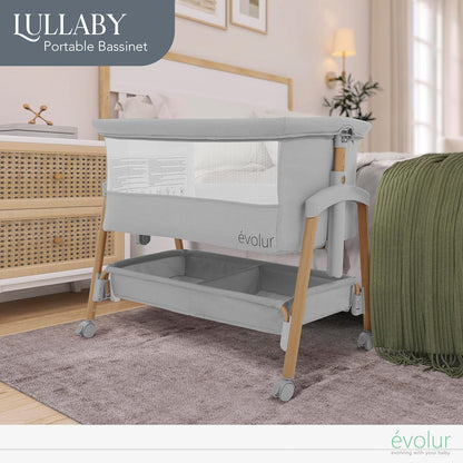 Evolur Lullaby Portable Bassinet with Wheels, Adjustable Bedside Sleeper, Breathable Mesh Sides, Large Storage Basket, Easy Fold, and Travel Bag Included, Perfect for Newborns & Infants - Biege