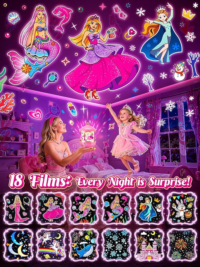One Fire Princess Toys, 18 Films Girls Night Light Projector, 15 Soothing Sounds Baby Sound Machine, 360° Rotating Girls Bedroom Decor, Birthday Gifts for Girl, Princess Toys for Girl 4-6