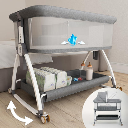 Earth&ME Baby Bassinet Bedside Sleeper with Rocking - All Mesh Portable Bedside Crib for Safe Co-Sleeping, Storage Basket and Wheels, Adjustable Height, Includes Travel Bag, Mosquito Net (Whate, Grey)