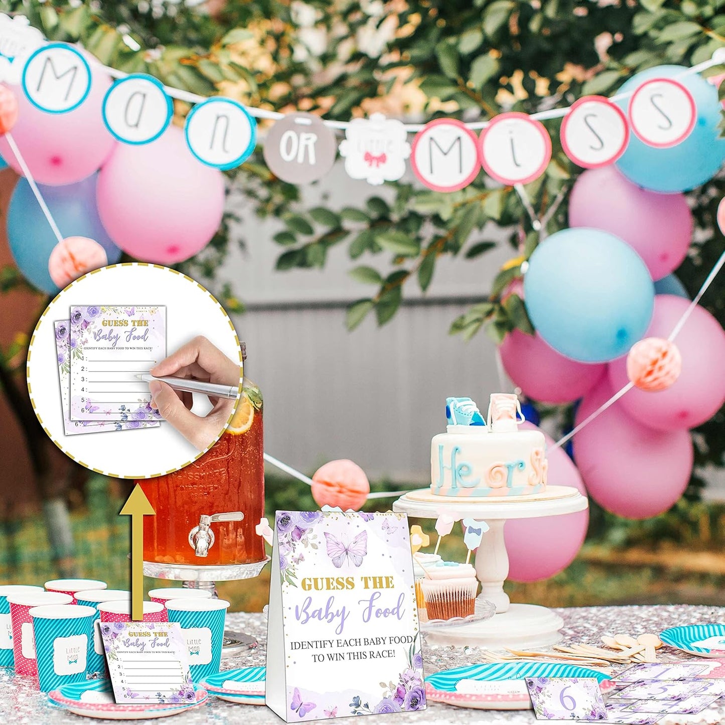 Guess the Baby Food Party Games, Baby Shower Game Set, 1 Standing Sign + 25 Answer Cards + 6 Number Cards, Boho Wild West Gender Reveal Party Decoration Supplies -B05