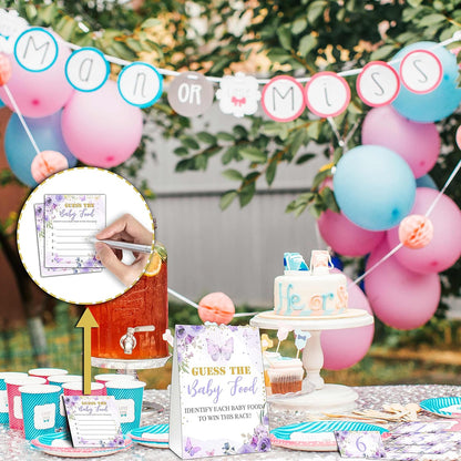 Guess the Baby Food Party Games, Baby Shower Game Set, 1 Standing Sign + 25 Answer Cards + 6 Number Cards, Boho Wild West Gender Reveal Party Decoration Supplies -B05