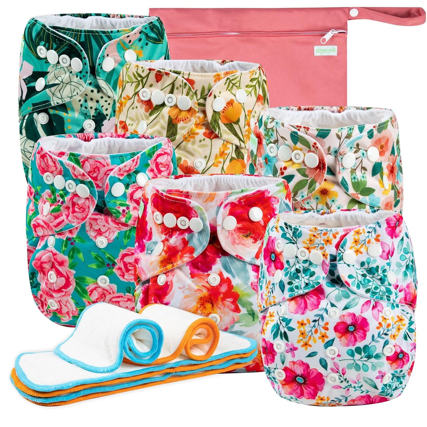 wegreeco Cloth Diapers 6 Pack with 6 Inserts & 1 Wet Bag, Washable Cloth Diapers for Babies, One Size Adjustable Reusable (Flower)