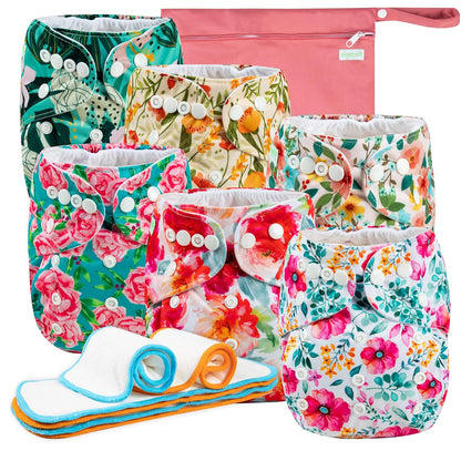 wegreeco Cloth Diapers 6 Pack with 6 Inserts & 1 Wet Bag, Washable Cloth Diapers for Babies, One Size Adjustable Reusable (Flower)