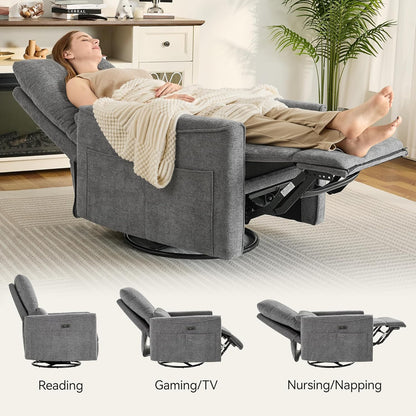 Power Swivel Rocker Recliner,Fabric Glider Recliner Nursery Chair,Small Rocking Chair,Single Reclining Sofa with Lumbar Support,USB&Type-C Ports,Living Room Home Threater Seat, Flint Grey