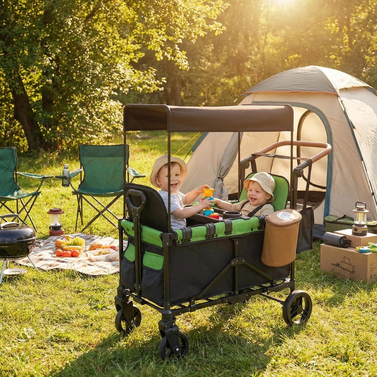 2-in-1 Wagon Stroller for Two Kids – Foldable Push & Pull All‑Terrain Wagon with Canopy, 5‑Point Harnesses, 2-in-1 Storage Bag (Converts to Shoulder Bag), Lightweight, Compact – Black
