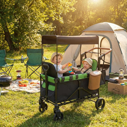 2-in-1 Wagon Stroller for Two Kids – Foldable Push & Pull All‑Terrain Wagon with Canopy, 5‑Point Harnesses, 2-in-1 Storage Bag (Converts to Shoulder Bag), Lightweight, Compact – Black