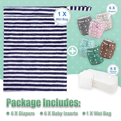 wegreeco Cloth Diapers 6 Pack with 6 Inserts & 1 Wet Bag, Washable Cloth Diapers for Babies, One Size Adjustable Reusable (Flower)