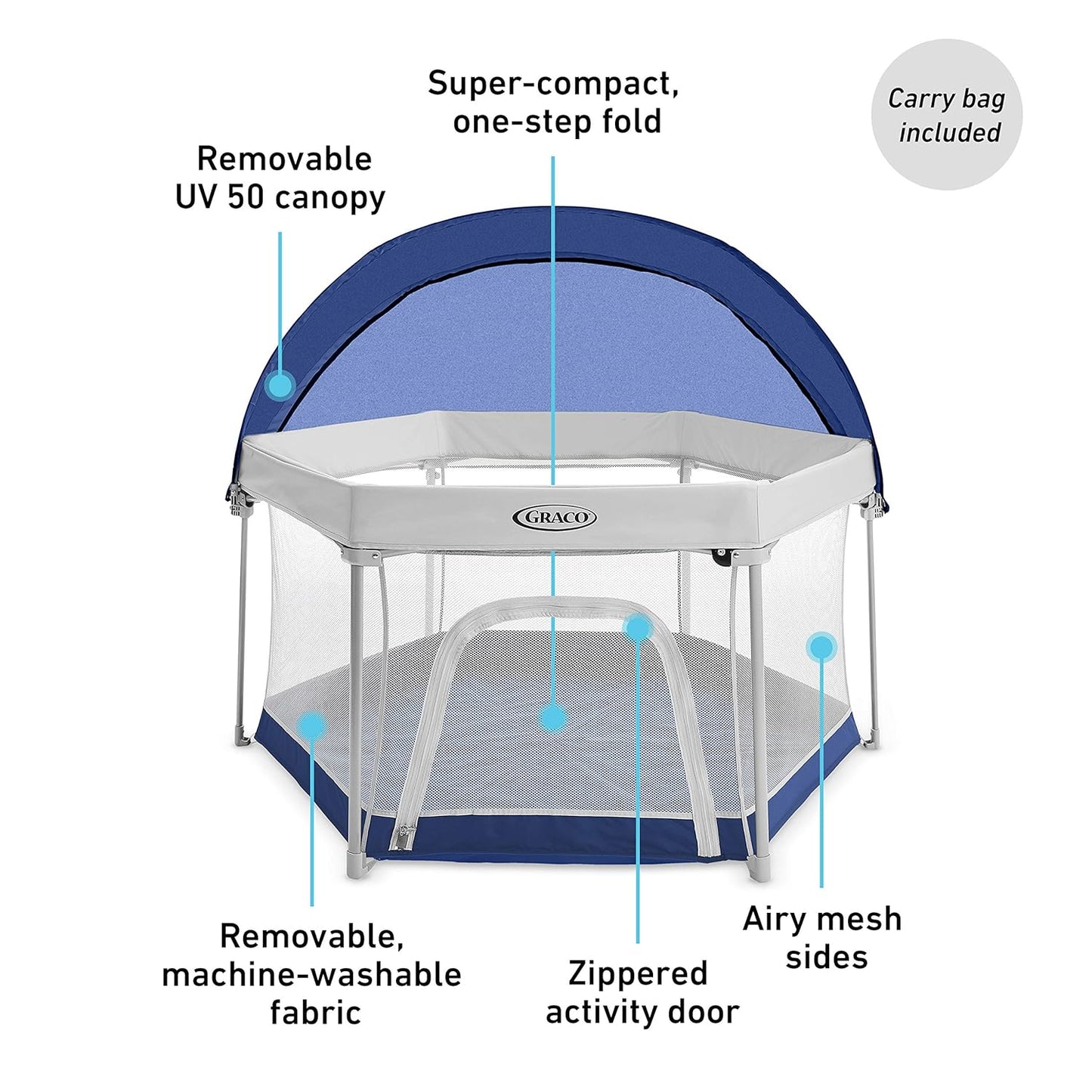 Graco® Lite Traveler 4 in 1 Playard with 4 Modes, Bedside Bassinet, Toddler Playpen, Free Play and Slumber Tent Mode, Lightweight Portable Playard with Canopy and Carry Bag