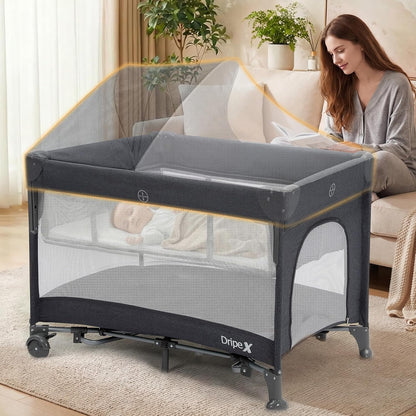 Dripex 5 in 1 Pack n Play Bedside Sleeper, 2-Level Height Baby Crib, Storage Pocket & Breathable Mesh - Foldable Portable Baby Bedside Bassinet for 0 to 12 Months (Travel/Home), Dark Grey