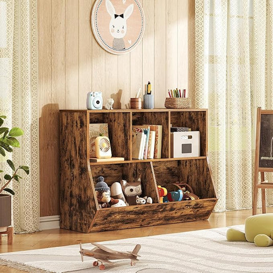 HOOBRO Kids Bookshelf, Bookcase Footboard, Toy Storage Cubby, Children's Toy Shelf, 39.4" L Toy Storage Cabinet, Fit for Children's Room, Playroom, Hallway, Kindergarten, Rustic Brown BF132CW01