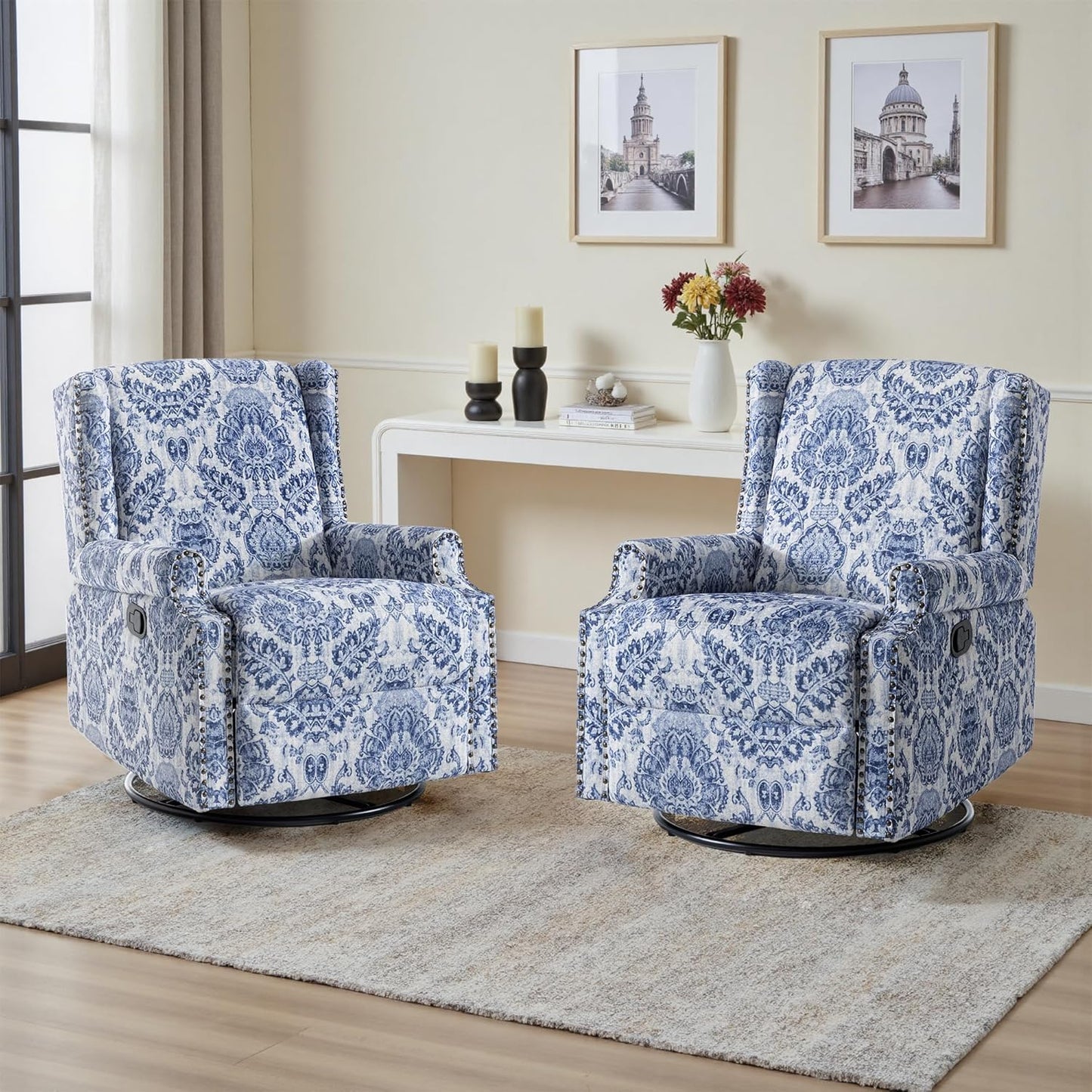 UIXE Swivel Glider Recliner Chair for Adults, High Back Nursery Rocker Floral Upholstered Armchair for Living Room, Manual Reclining Rivet Trim Sofa Lounge with Deep Seat in Fabric - Navy Blue
