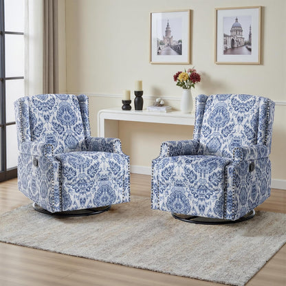 UIXE Swivel Glider Recliner Chair for Adults, High Back Nursery Rocker Floral Upholstered Armchair for Living Room, Manual Reclining Rivet Trim Sofa Lounge with Deep Seat in Fabric - Navy Blue