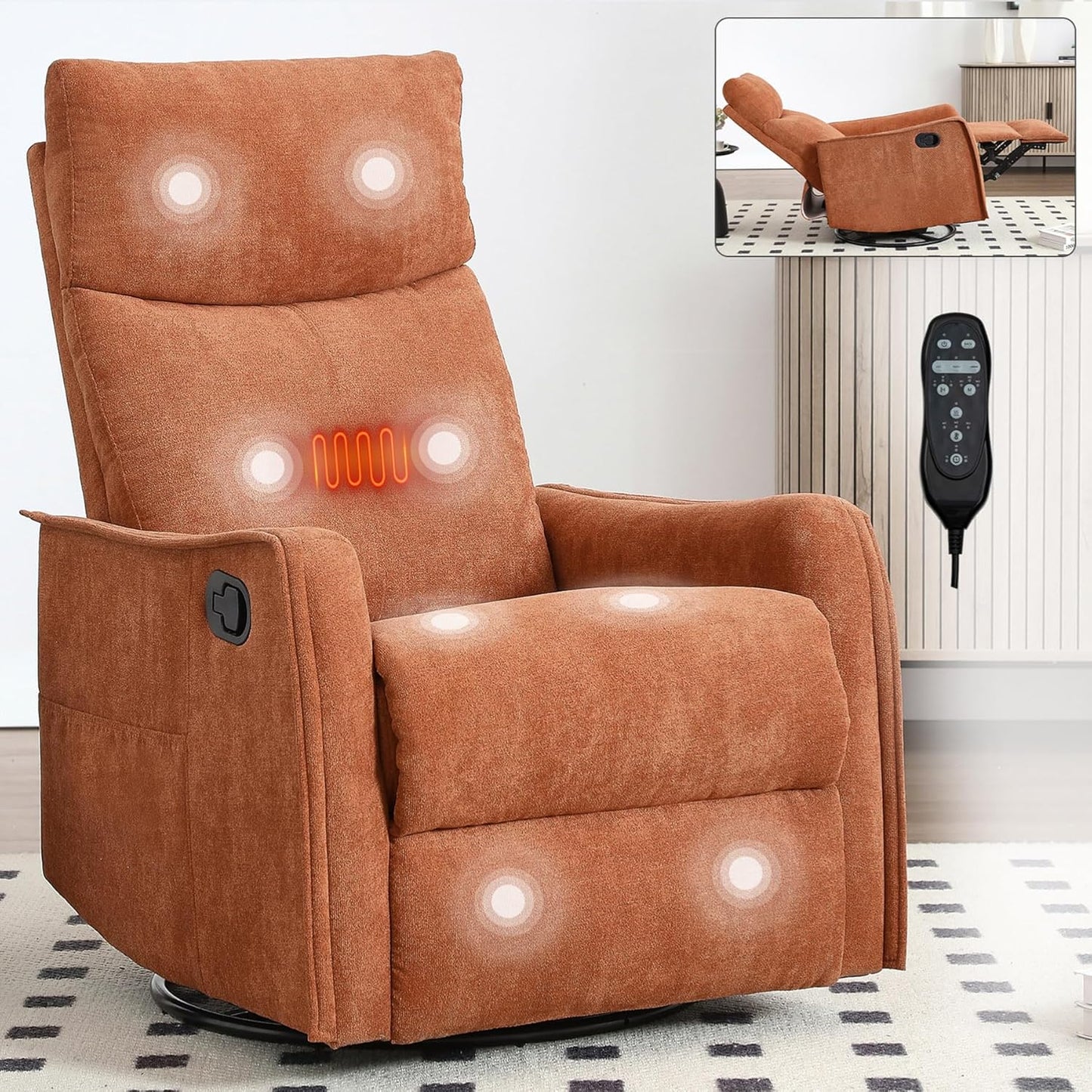 Massage Chair Recliner with Heat, Swivel Rocking Chair Recliner with High Back, Manual Nursery Recliners for Adults,Small Recliner Chair for Small Spaces, Living Room Bedroom, Fabric (Blue Green)