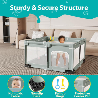 ICAREWAY Foldable Playpen for Babies and Toddlers, 50x50 Inches Portable Playpen, Kids Collapsible Play Pen with 2 Handlers, Indoor & Outdoor Baby Fence Play Area with Visible Mesh, Dark Gray