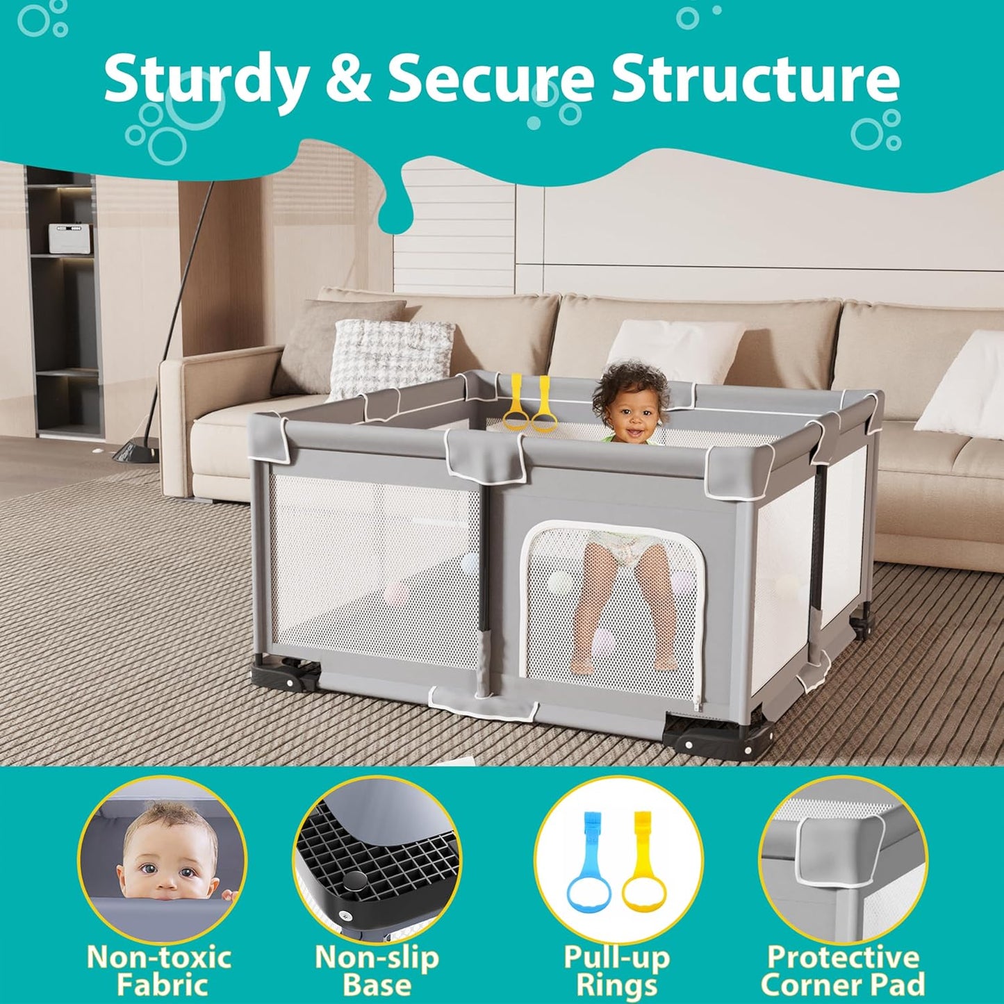 ICAREWAY Foldable Playpen for Babies and Toddlers, 50x50 Inches Portable Playpen, Kids Collapsible Play Pen with 2 Handlers, Indoor & Outdoor Baby Fence Play Area with Visible Mesh, Dark Gray