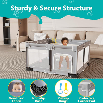 ICAREWAY Foldable Playpen for Babies and Toddlers, 50x50 Inches Portable Playpen, Kids Collapsible Play Pen with 2 Handlers, Indoor & Outdoor Baby Fence Play Area with Visible Mesh, Dark Gray