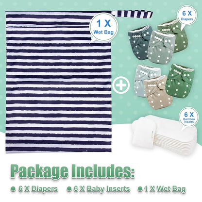 wegreeco Cloth Diapers 6 Pack with 6 Inserts & 1 Wet Bag, Washable Cloth Diapers for Babies, One Size Adjustable Reusable (Flower)
