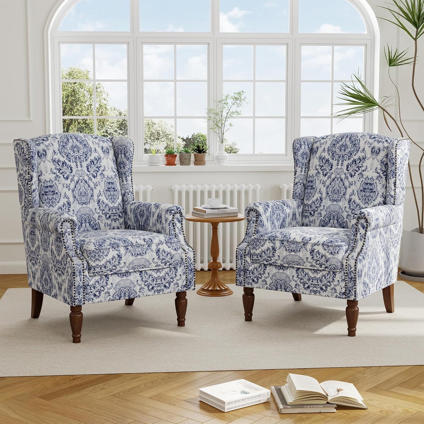 Swivel Rocker Recliner Chair, Manual Nursery Glider Recliner, Floral Fabric Wingback Accent Chair with Adjustable Backrest & Footrest for Small Spaces Living Room Bedroom (Plants Floral, Set of 1)