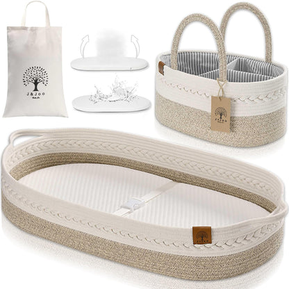 J&JOO Baby Changing Basket includes Diaper Caddy - Soft & Waterproof Dual-Cover, Portable, Changing Pad for Dresser & Changing Table, Gift for Baby Shower, Organic Cotton Rope