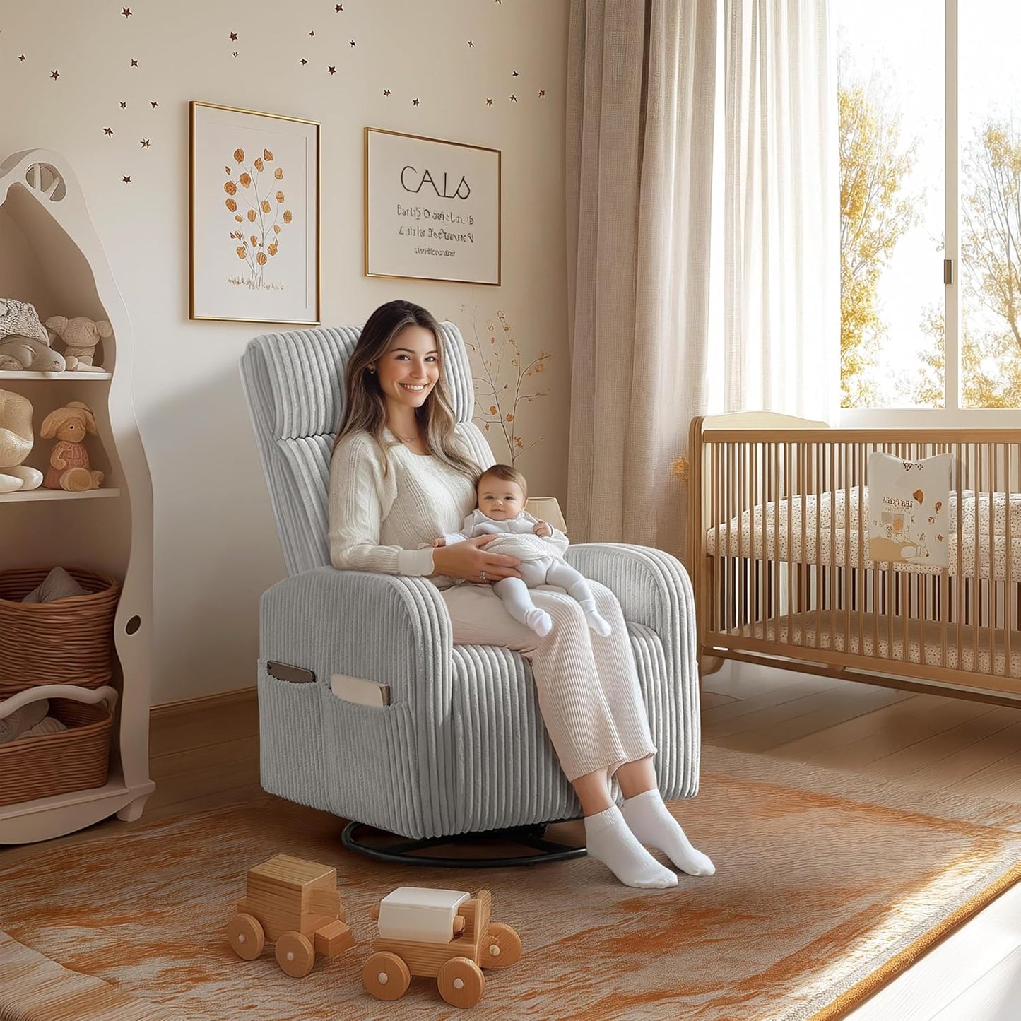 Yaheetech 360° Swivel Glider Chair for Nursery, Rocking Chair Nursing Chair with Side Pockets, Corduroy Glider for Living Room with High Back Beige