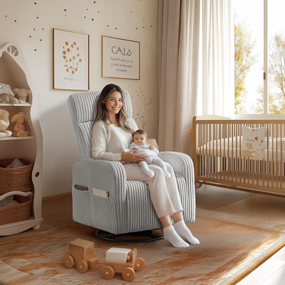 Yaheetech 360° Swivel Glider Chair for Nursery, Rocking Chair Nursing Chair with Side Pockets, Corduroy Glider for Living Room with High Back Beige