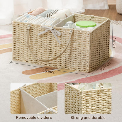 Angelhood Large Paper Rope Diaper Caddy, Baby Essentials Organizer, Portable Baby Shower Baskets Gift Bin, Car Storage Bag for Nursery