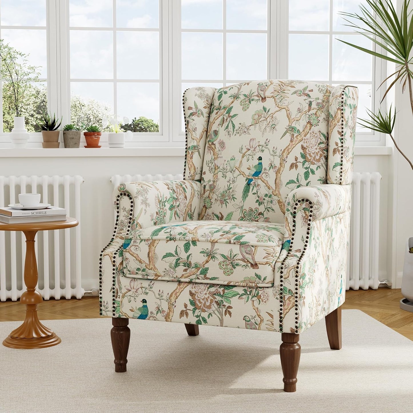 Swivel Rocker Recliner Chair, Manual Nursery Glider Recliner, Floral Fabric Wingback Accent Chair with Adjustable Backrest & Footrest for Small Spaces Living Room Bedroom (Plants Floral, Set of 1)